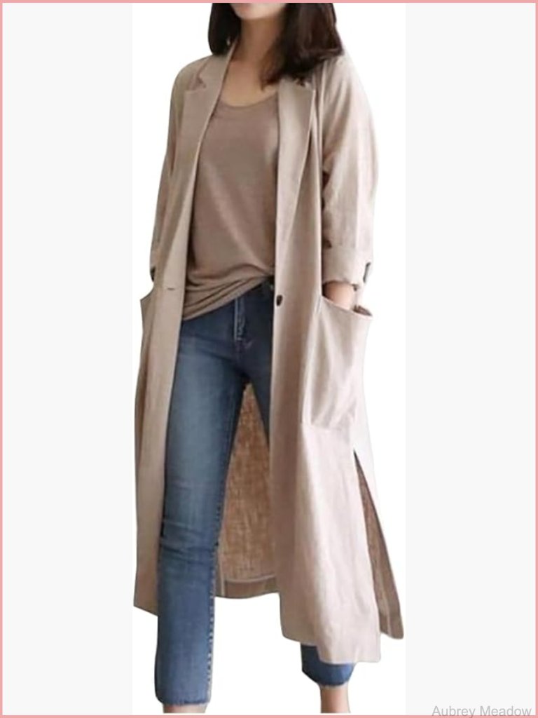 Long Cotton Linen Blazer Casual Spring Jackets Trench Coat
